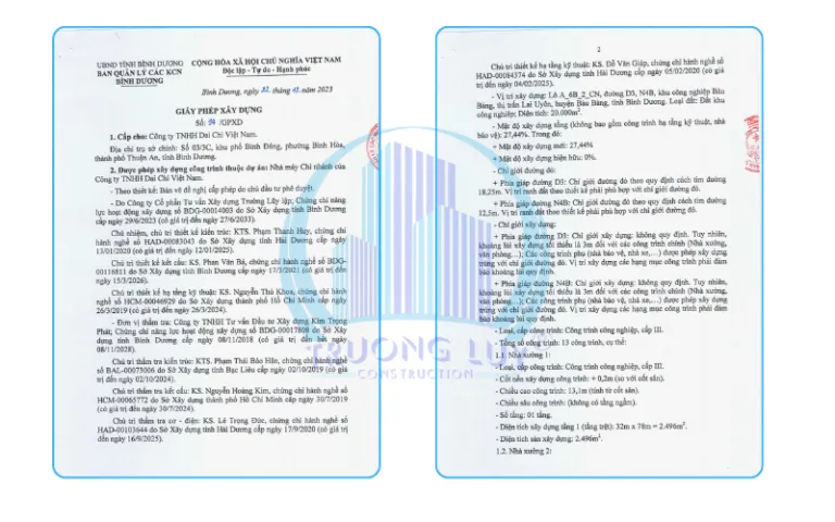 giấy phép xây dựng nhà máy chi nhánh công ty TNHH Đại Chi Việt Nam