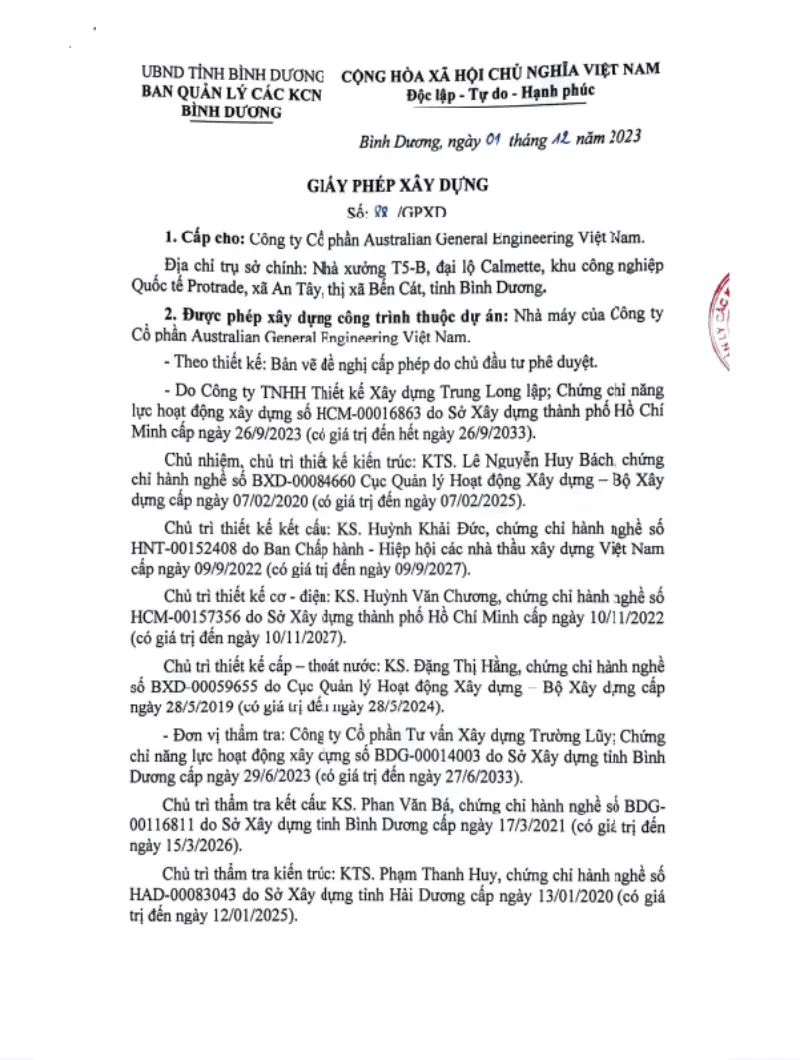giấy phép xây dựng nhà xưởng công ty Australian General Engineering