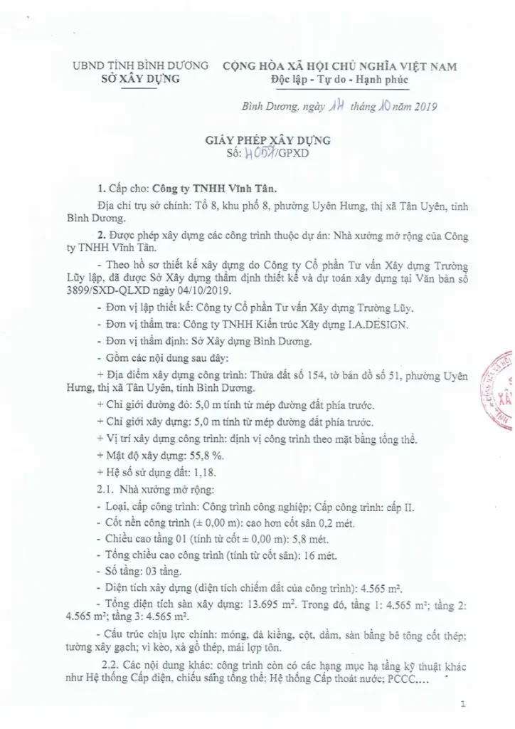 Giấy phép xây dựng nhà xưởng Công ty TNHH Vĩnh Tân